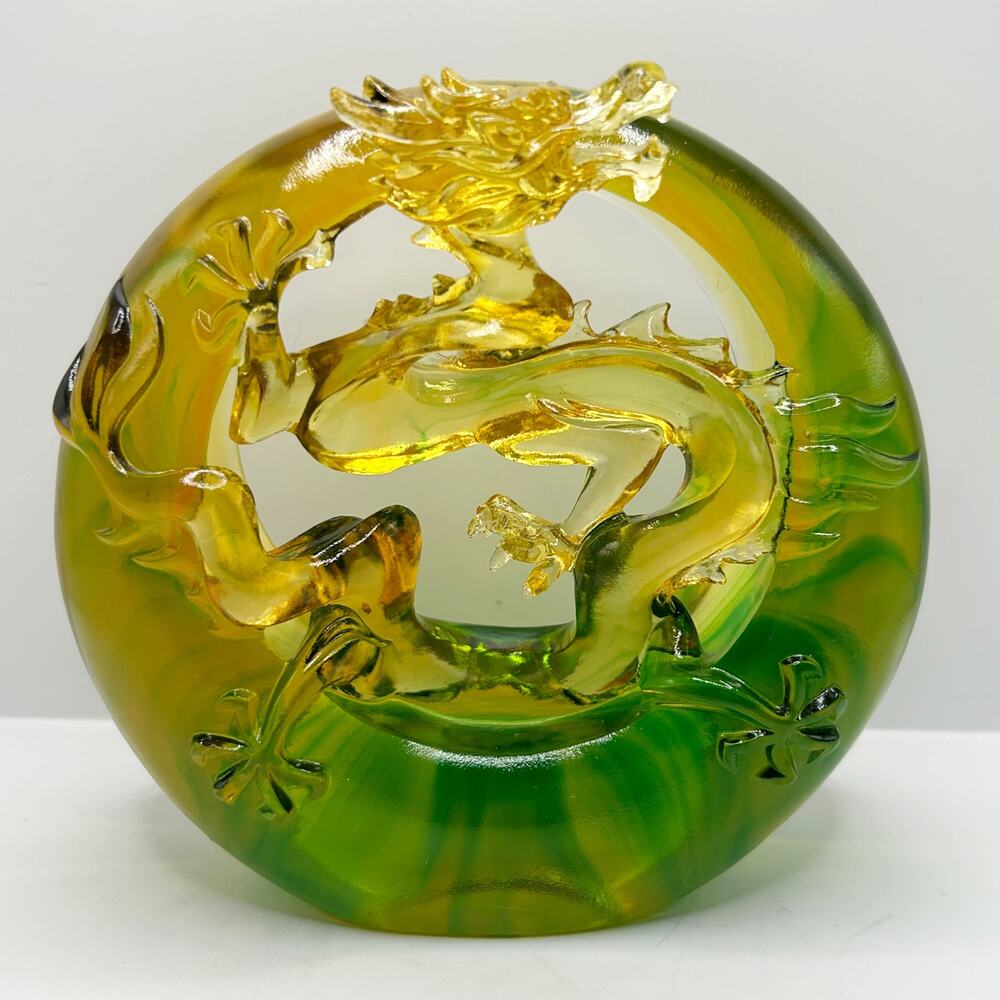 TITTOT Liuli Crystal GoldenGreen Chinese Dragon Sculpture “Dragon Soars & Turns”